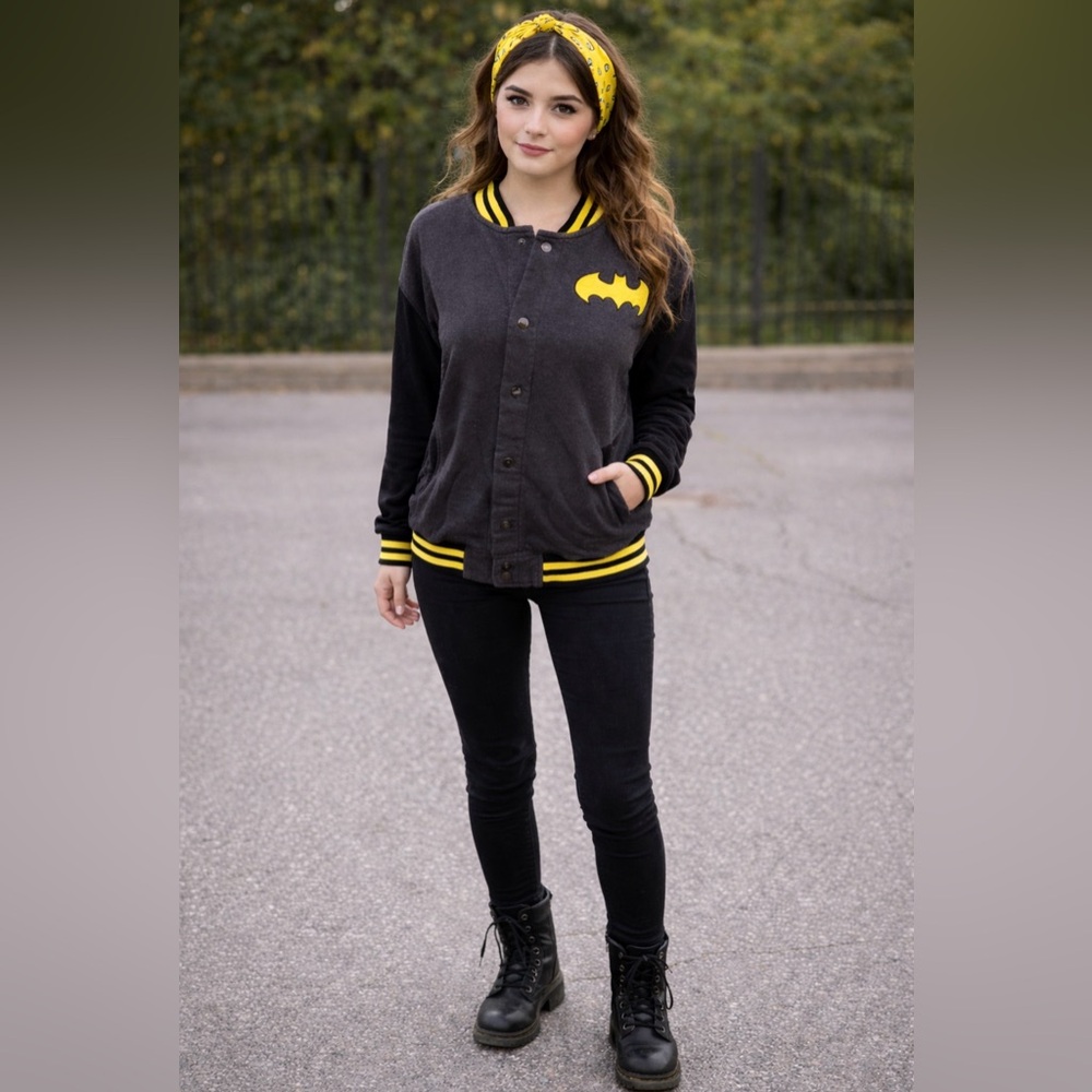DC Comics Y2K Batman Gray Black Embroidered Unisex Varsity Bomber Jacket Sz M